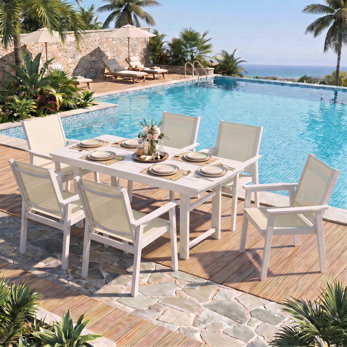 Lausaint Home 7-Piece Outdoor HDPE Dining Set with Textilene Chairs &amp; Umbrella Hole Table