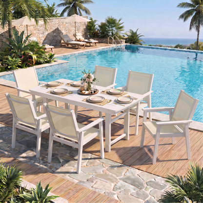 Lausaint Home 7-Piece Outdoor HDPE Dining Set with Textilene Chairs &amp; Umbrella Hole Table