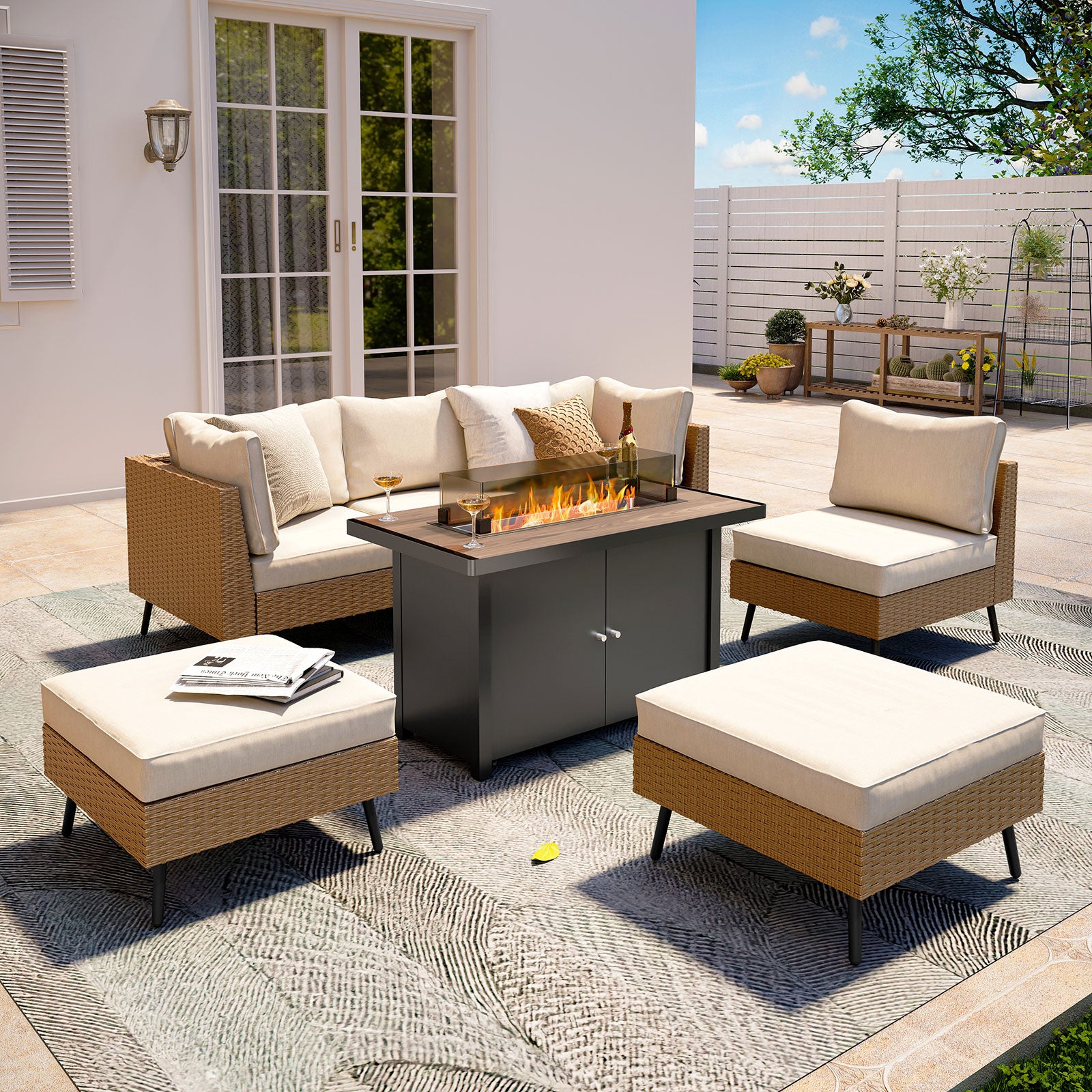 6-Pieces Patio Furniture Set with 43&quot; Propane Gas Fire Pit Table