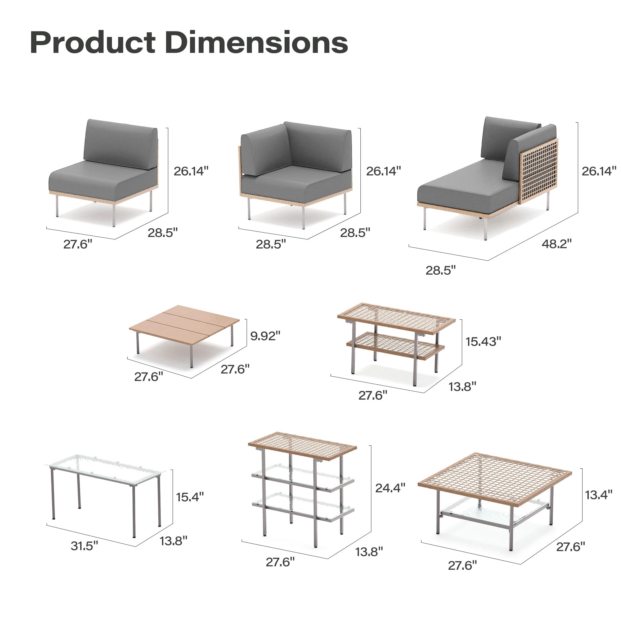 LAUSAINT HOME 7-Piece Outdoor Patio Furniture Set, Wicker Outdoor Conversation Set PE Rattan Sectional Sofa with Washable Cushions and Tempered Glass Table for Garden (Grey)