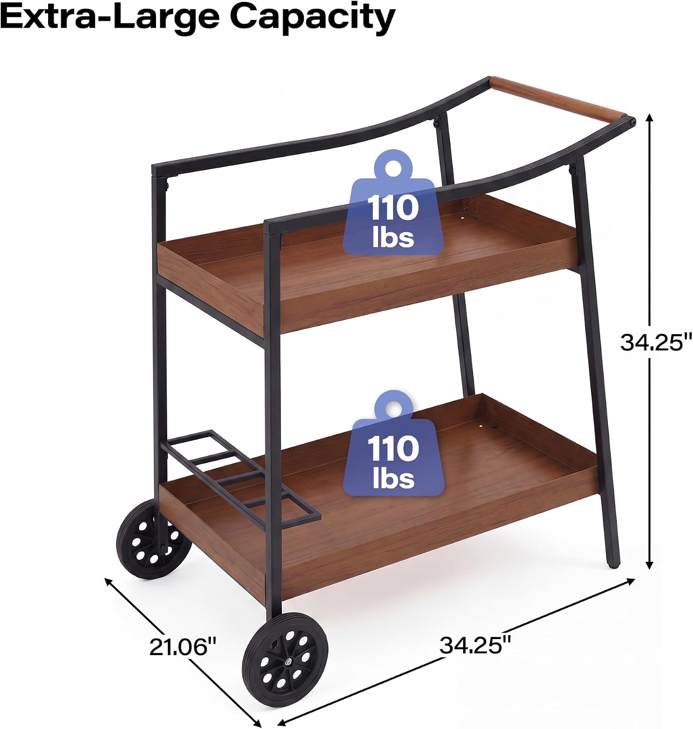 LAUSAINT HOME Bar Cart with Wheels, 2-Tier Rolling Beverage Cart with Wine Rack