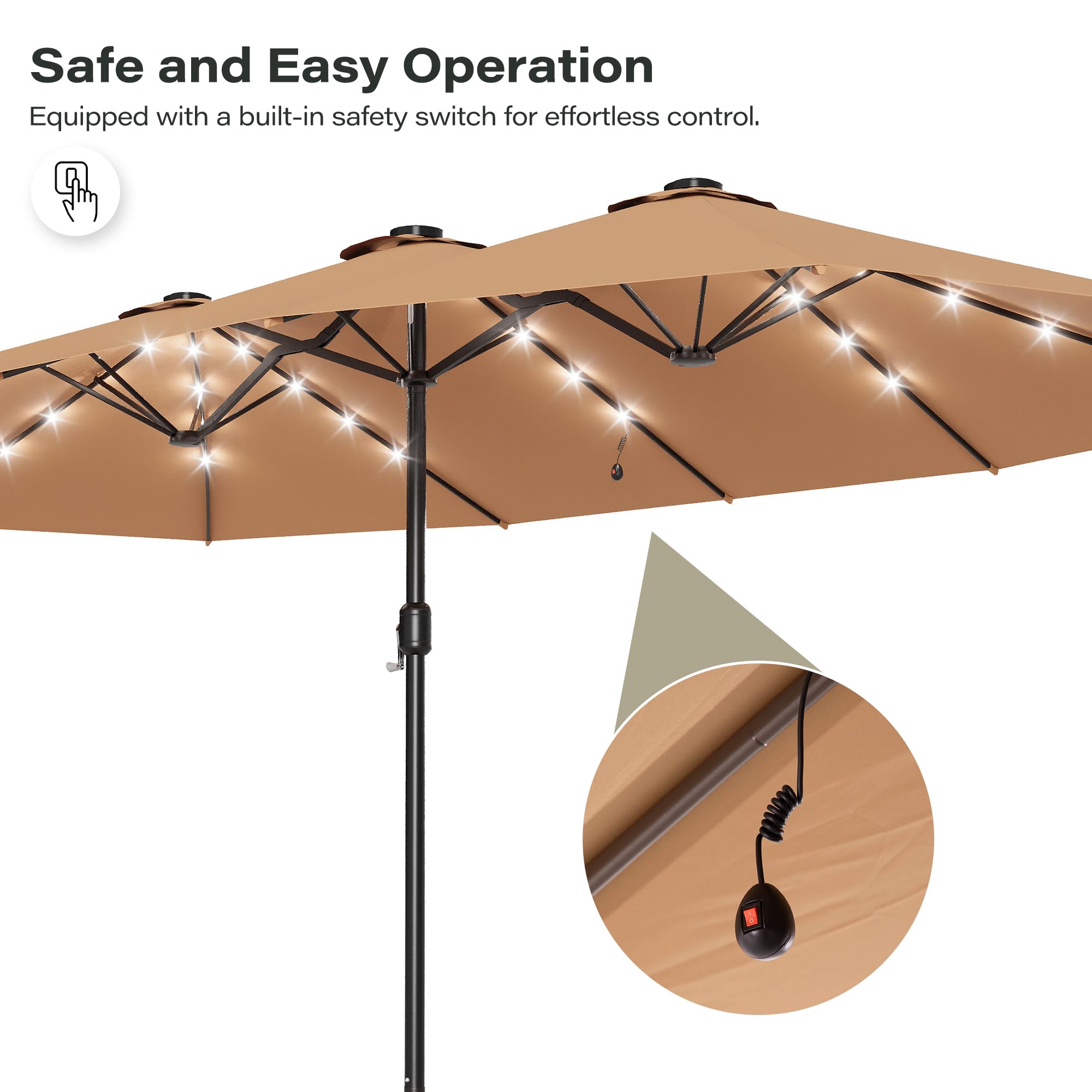 LAUSAINT HOME Large Double-Sided Rectangle Patio Umbrella with LED Light and Base, 13FT/15FT