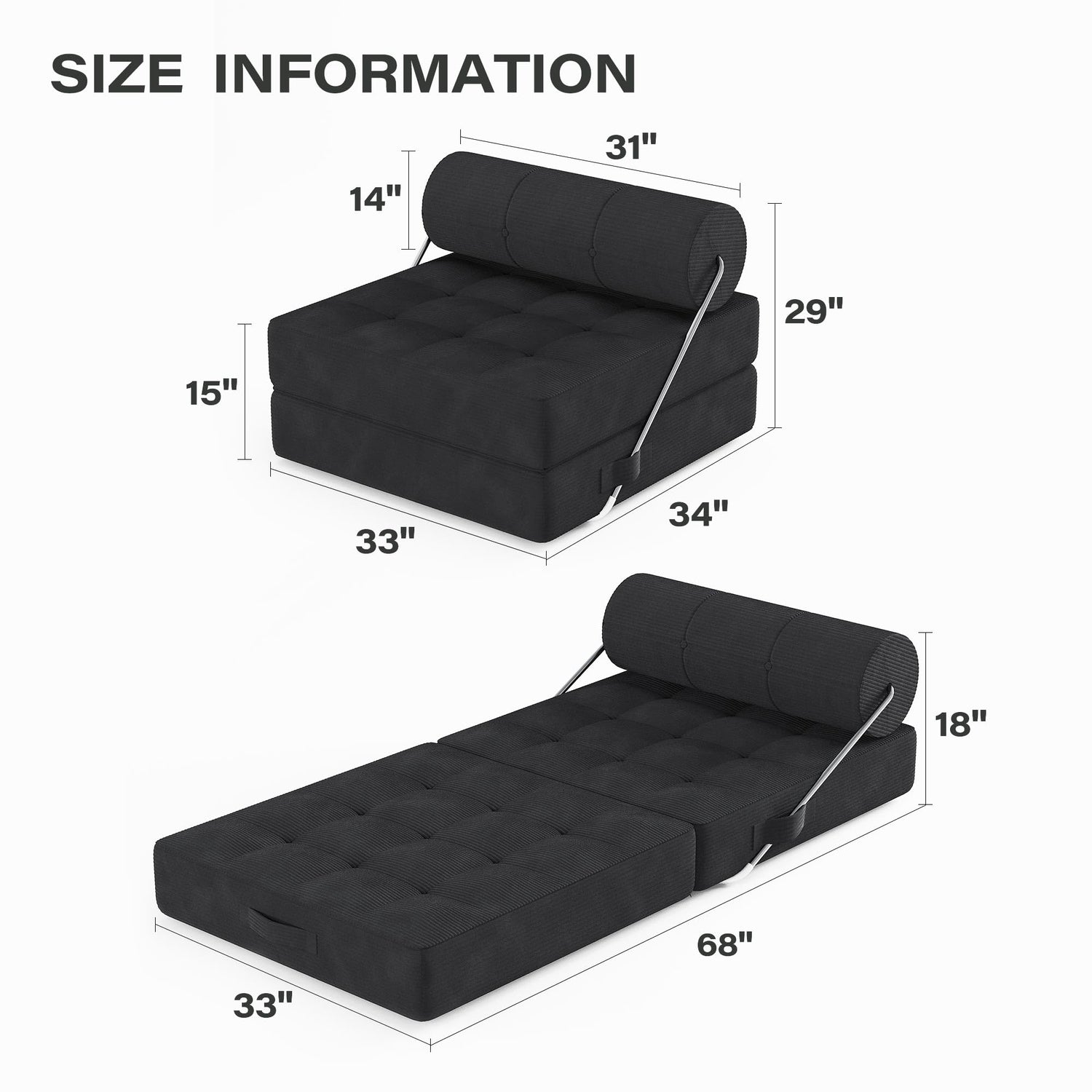 LAUSAINT HOME Folding Sofa Bed, 4 in 1 Convertible Sleeper Chair with High-Density Foam &amp; Pillow, Portable Comfy Folding Chair Bed Floor Lounge for Living Room and Bedroom, Black