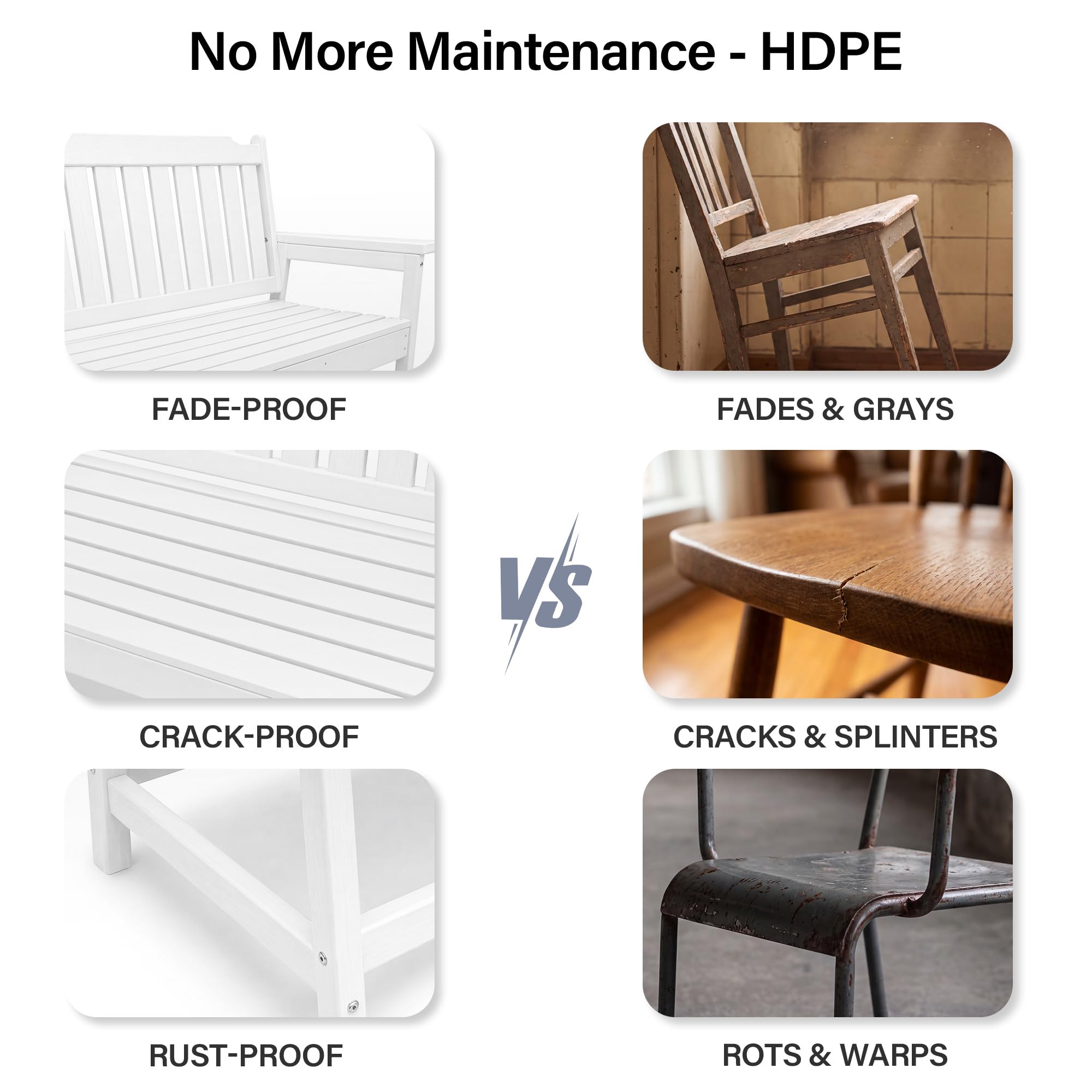 LAUSAINT HOME HDPE Outdoor Bench, Weather-Resistant Patio &amp; Porch Bench with Aluminum-Reinforced Frame