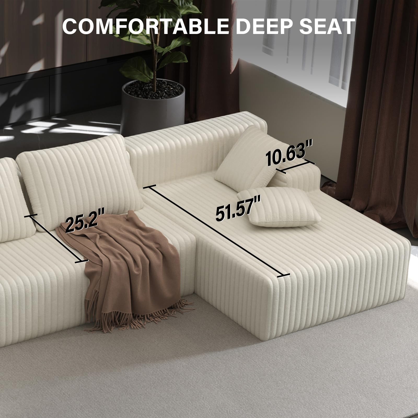 LAUSAINT HOME 96" Modular Sectional Sofa Couches, L-Shaped Boneless Cloud Sofa with 3 Deep Seat