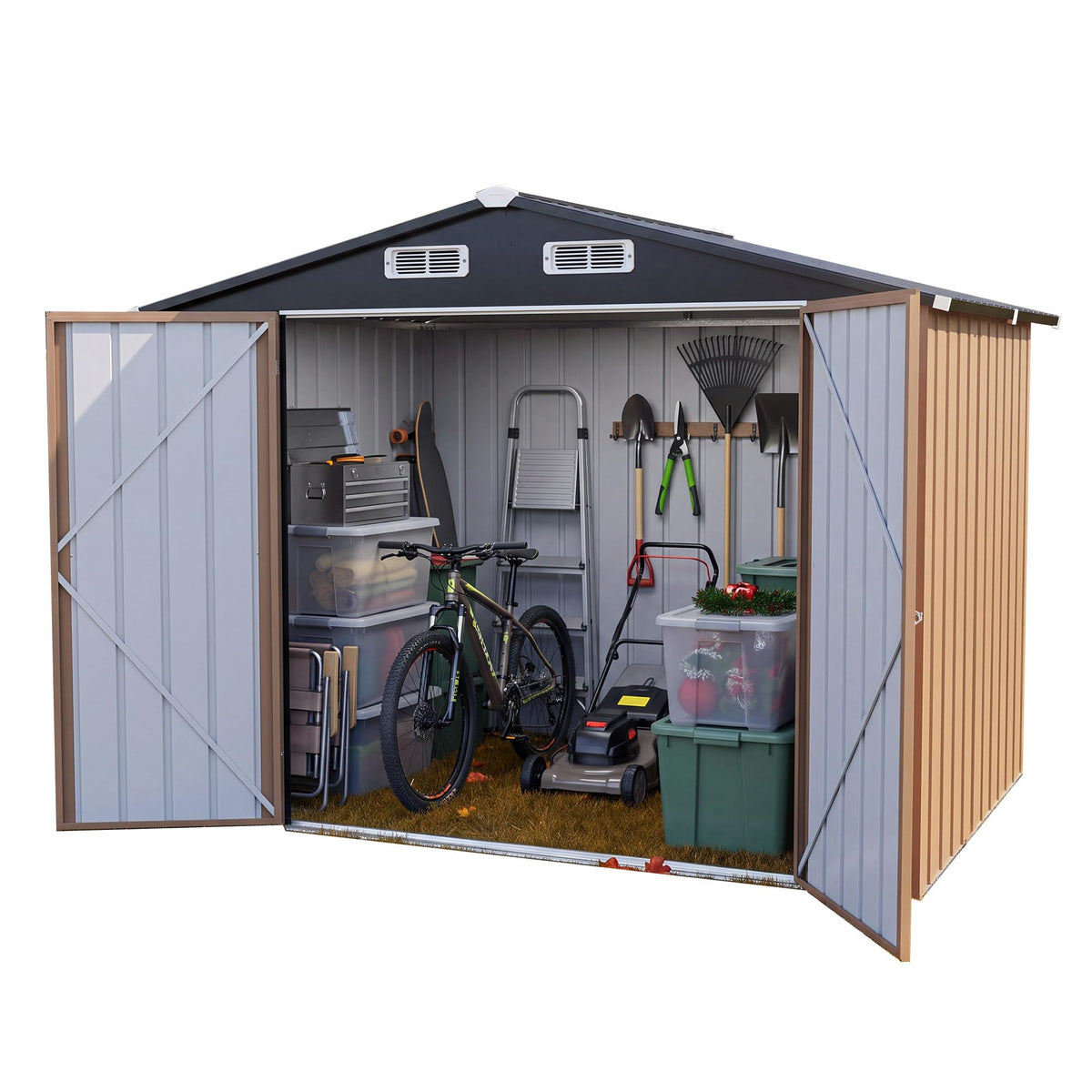 LAUSAINT HOME 8 x 6 FT Outdoor Storage Shed with Window, Galvanized Steel Storage Shed, Double Lockable Doors, Gable Roof &amp; Air Vent for Backyard, Brown