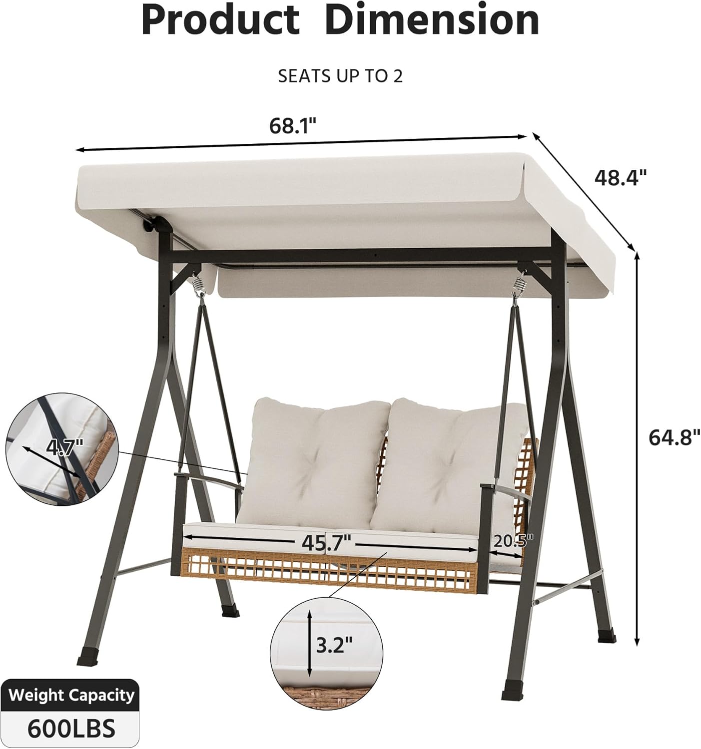 LAUSAINT HOME Porch Swing, 2 Person Wicker Patio Swing Chair with Adjustable Canopy