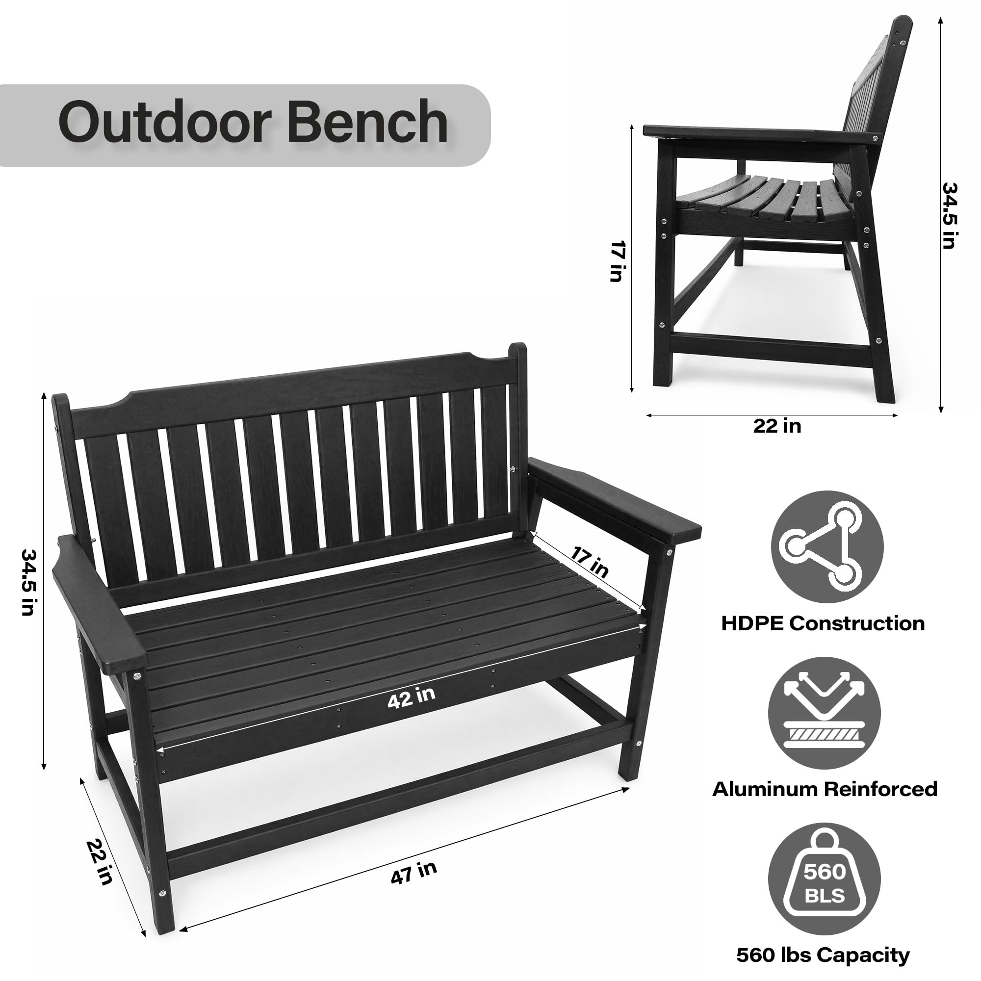 LAUSAINT HOME HDPE Outdoor Bench, Weather-Resistant Patio &amp; Porch Bench with Aluminum-Reinforced Frame