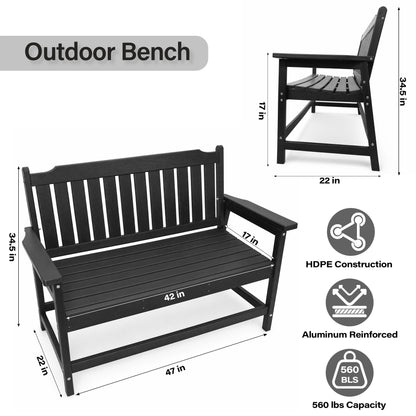 LAUSAINT HOME HDPE Outdoor Bench, Weather-Resistant Patio &amp; Porch Bench with Aluminum-Reinforced Frame