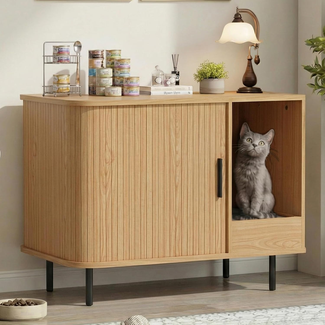 LAUSAINT HOME Cat Litter Box Enclosure with Scratch Pad &amp; Sliding Door, Hidden Cat Litter Box Furniture with Storage Drawer