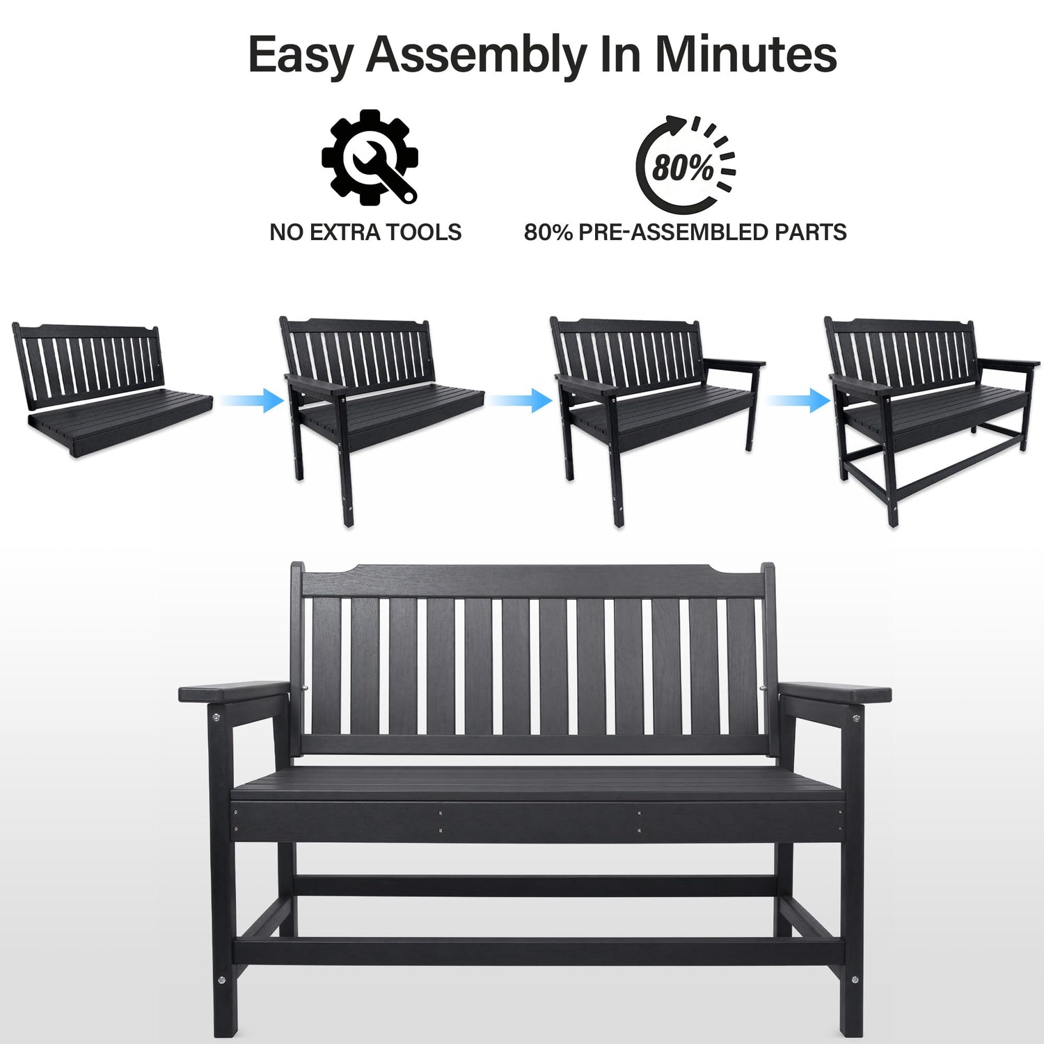 LAUSAINT HOME HDPE Outdoor Bench, Weather-Resistant Patio &amp; Porch Bench with Aluminum-Reinforced Frame