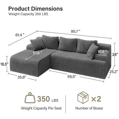 LAUSAINT HOME 96" Modular Sectional Sofa Couches, L-Shaped Boneless Cloud Sofa with 3 Deep Seat