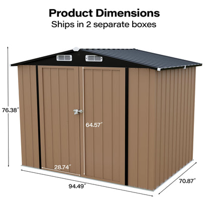 LAUSAINT HOME 8 x 6 FT Outdoor Storage Shed with Window, Galvanized Steel Storage Shed, Double Lockable Doors, Gable Roof &amp; Air Vent for Backyard, Brown