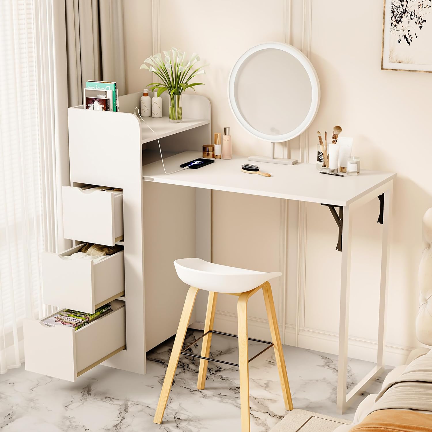 LAUSAINT HOME Wall Mounted Foldable Desk, Space Saving Hidden Desk with Storage &amp; Power Outlet