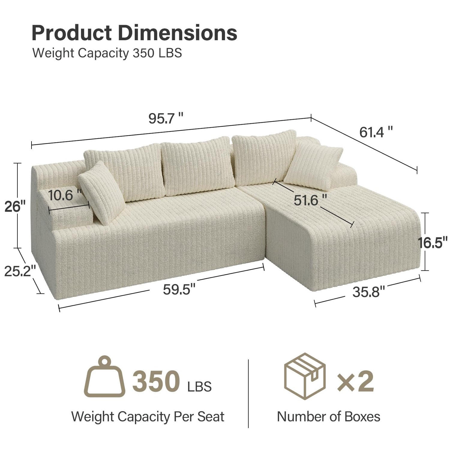 LAUSAINT HOME 96" Modular Sectional Sofa Couches, L-Shaped Boneless Cloud Sofa with 3 Deep Seat