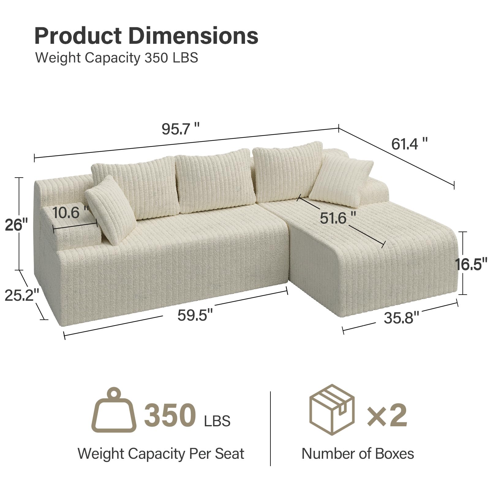 LAUSAINT HOME 96" Modular Sectional Sofa Couches, L-Shaped Boneless Cloud Sofa with 3 Deep Seat