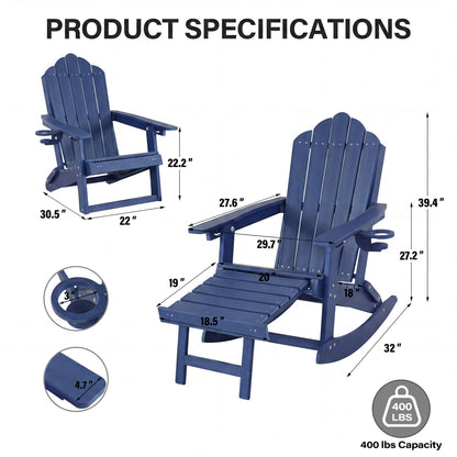 LAUSAINT HOME Folding Adirondack Rocking Chairs Set with Retractable Ottomans, 3-Position Adjustable Backrests and Cup Holders