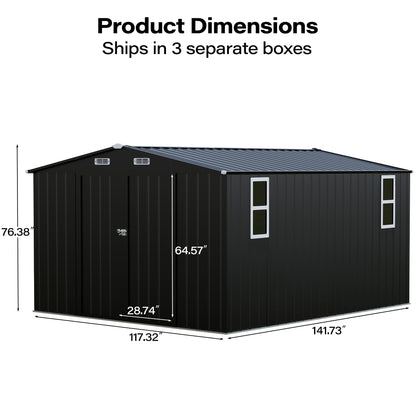 LAUSAINT HOME 10 x 3 FT 2-in-1 Metal Outdoor Storage Shed with Hardtop Gazebo, Lockable Galvanized Steel Lean-to Tool Shed with Sloped Roof, Black