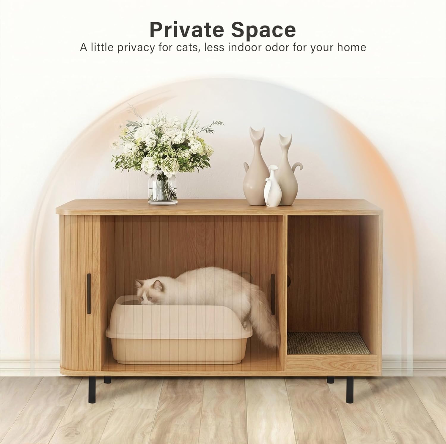 LAUSAINT HOME Cat Litter Box Enclosure with Scratch Pad &amp; Sliding Door, Hidden Cat Litter Box Furniture with Storage Drawer