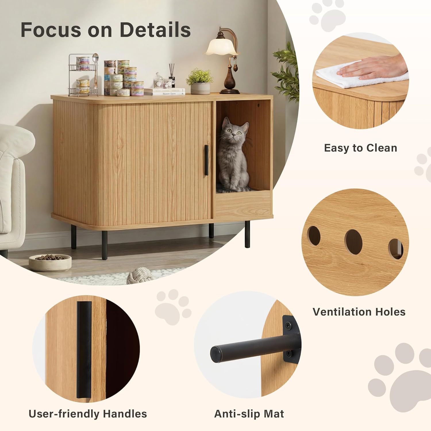 LAUSAINT HOME Cat Litter Box Enclosure with Scratch Pad &amp; Sliding Door, Hidden Cat Litter Box Furniture with Storage Drawer