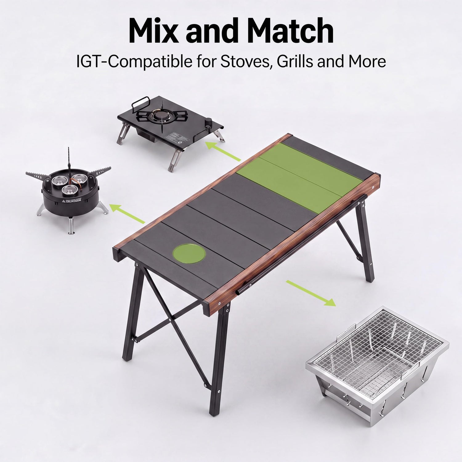 Modular IGT Camping Table, Height Adjustable Outdoor Portable Table with Folding Design, Folding Camp Table with Expandable Cooking Area for Picnic, BBQ and Patio