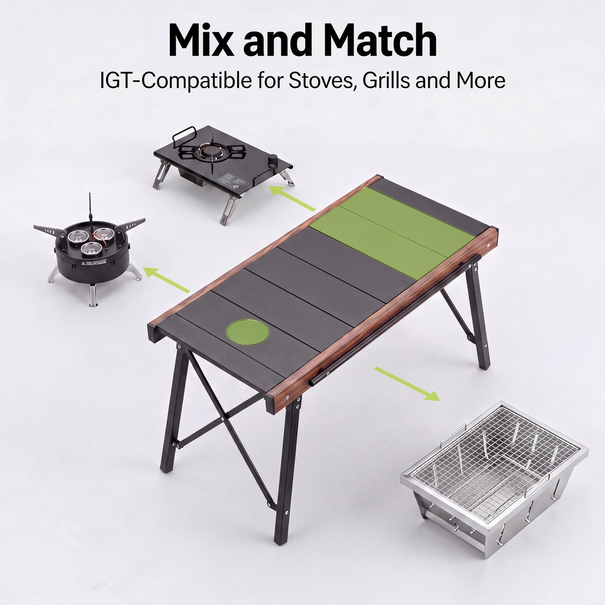 Modular IGT Camping Table, Height Adjustable Outdoor Portable Table with Folding Design, Folding Camp Table with Expandable Cooking Area for Picnic, BBQ and Patio