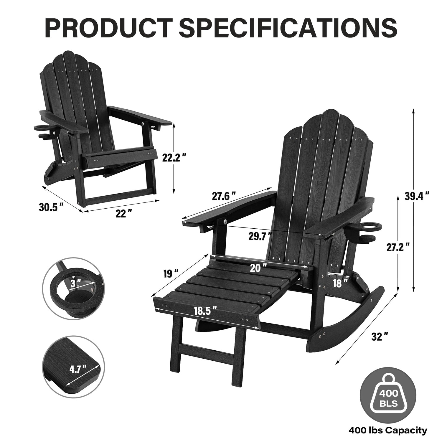 LAUSAINT HOME Folding Adirondack Rocking Chairs Set with Retractable Ottomans, 3-Position Adjustable Backrests and Cup Holders