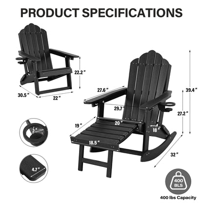 LAUSAINT HOME Folding Adirondack Rocking Chairs Set with Retractable Ottomans, 3-Position Adjustable Backrests and Cup Holders