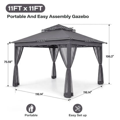 LAUSAINT HOME 11x11 Pop Up Gazebo with Mosquito Netting, Portable Outdoor Gazebo Canopy Tent with Sidewalls, One Push Instant Setup &amp; Adjustable Height for Patio Backyard Party BBQ Deck, Grey