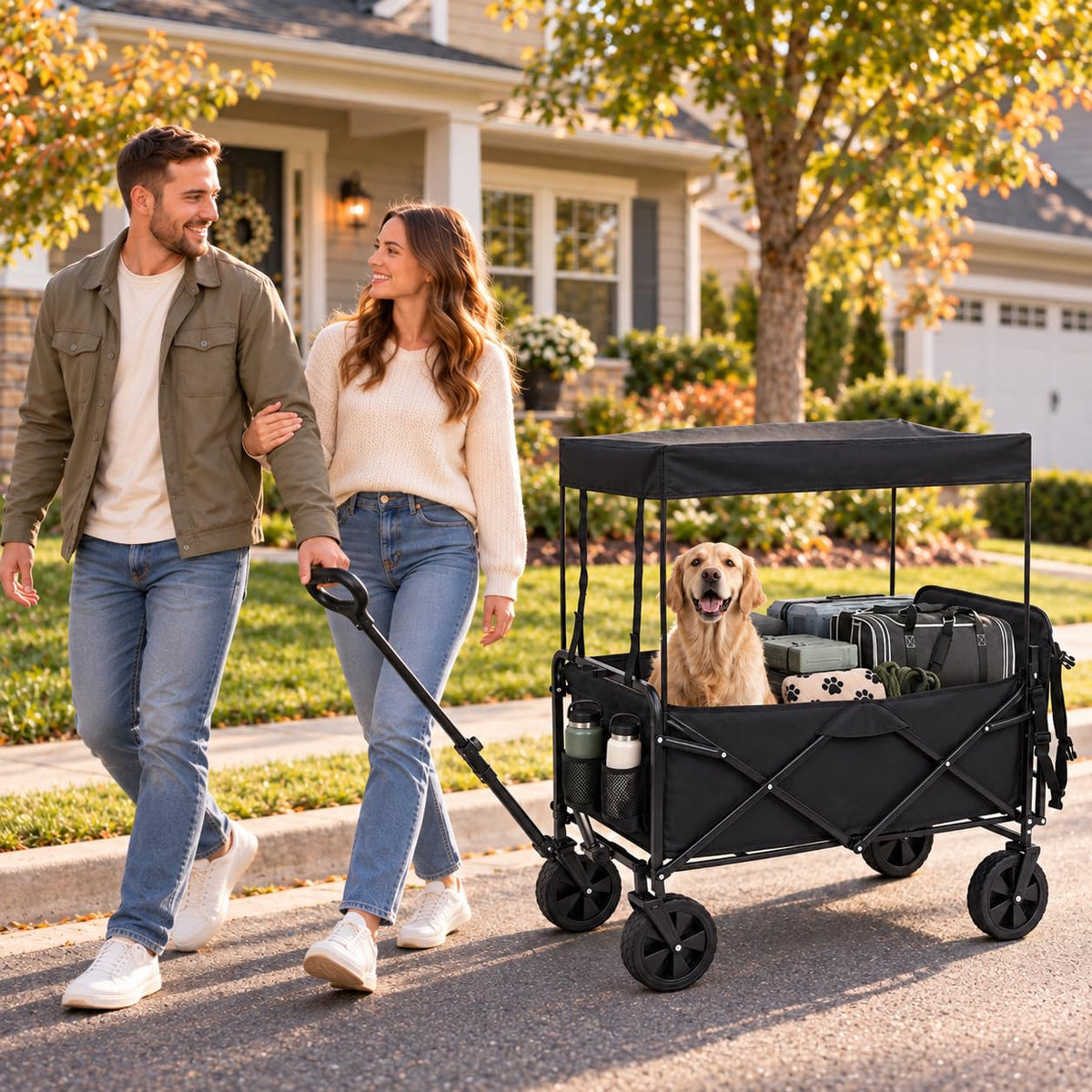 LAUSAINT HOME 3-in-1 Folding Pet Wagon with Canppy for Senior,Elderly, Injured Dogs, Heavy Duty Utility Medium &amp; Large Dog Stroller Cart, All-Terrain Collapsible Wagon for Beach, Shopping, Camping