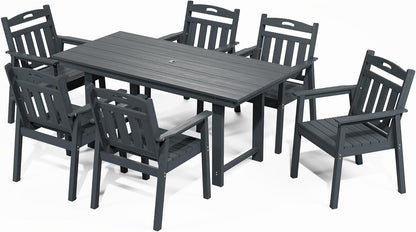 LAUSAINT HOME 7 Pieces HDPE Outdoor Dining Set for 6, Patio Dining Table and Chairs Set with Umbrella Hole