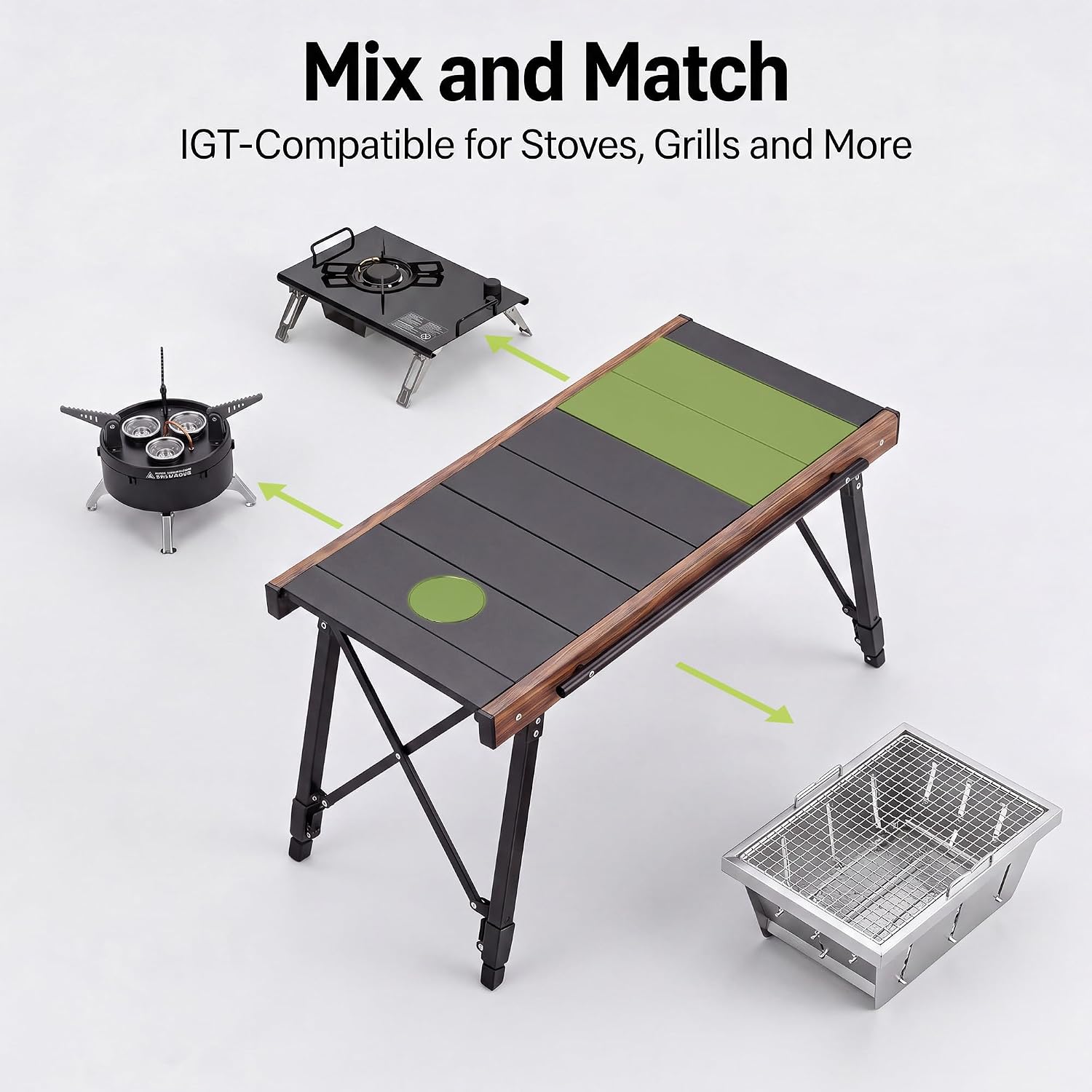 Modular IGT Camping Table, Height Adjustable Outdoor Portable Table with Folding Design, Folding Camp Table with Expandable Cooking Area for Picnic, BBQ and Patio