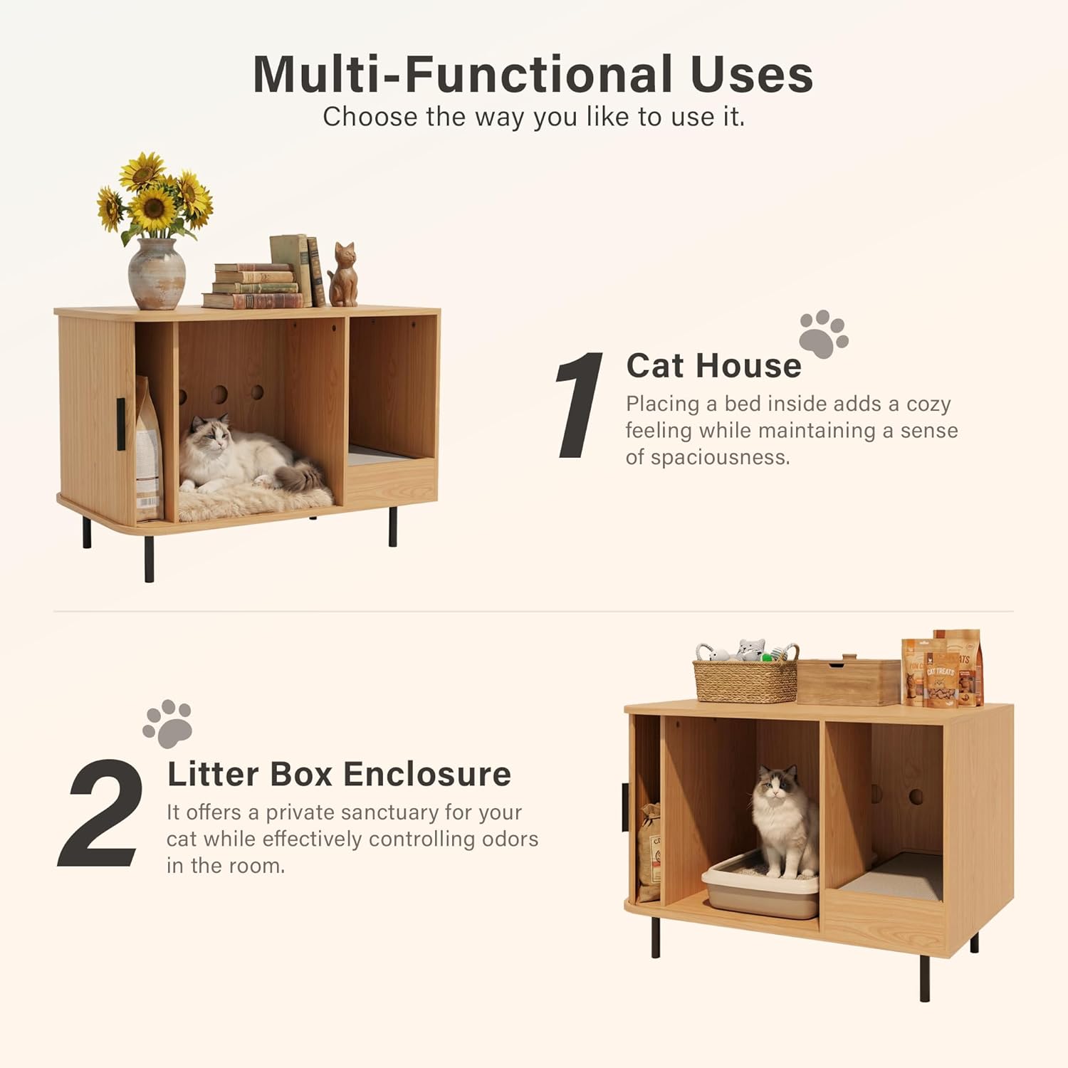 LAUSAINT HOME Cat Litter Box Enclosure with Scratch Pad &amp; Sliding Door, Hidden Cat Litter Box Furniture with Storage Drawer