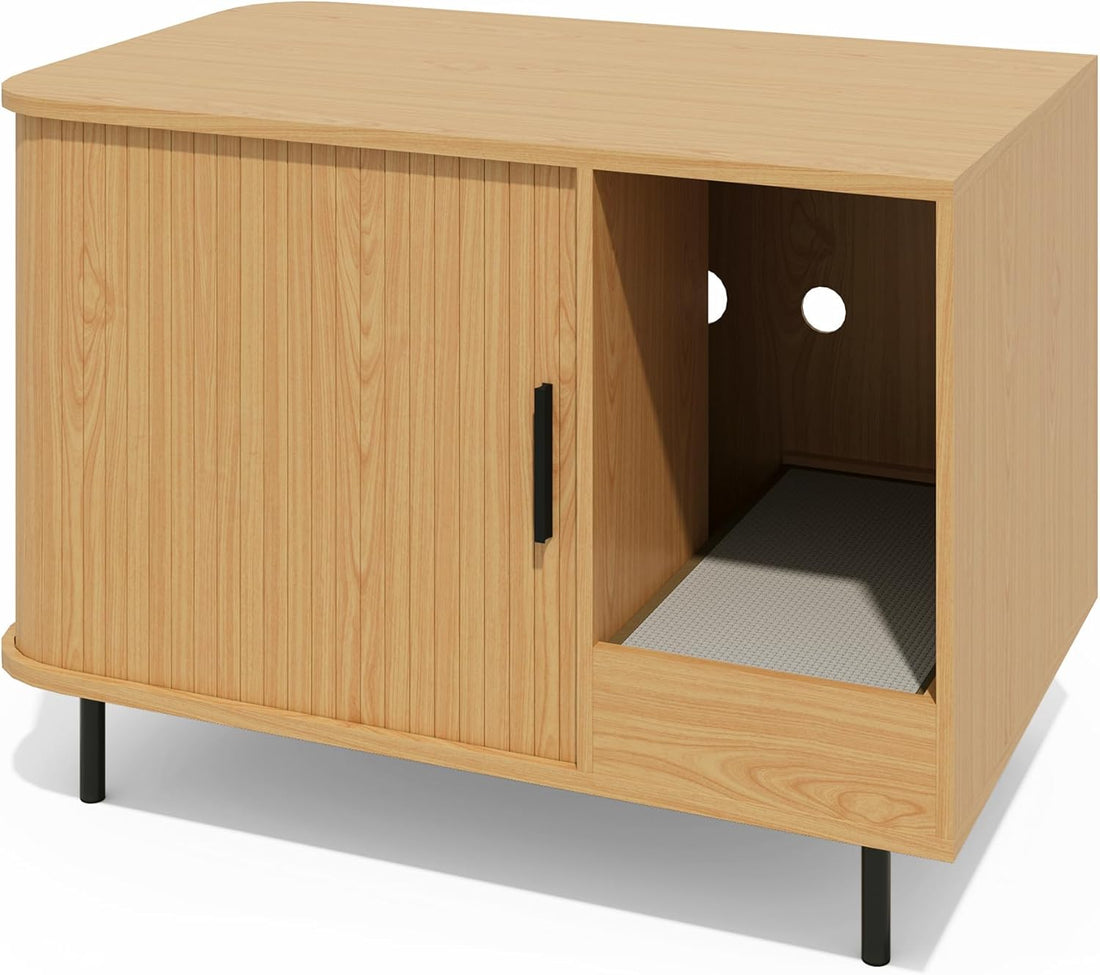 LAUSAINT HOME Cat Litter Box Enclosure with Scratch Pad &amp; Sliding Door, Hidden Cat Litter Box Furniture with Storage Drawer