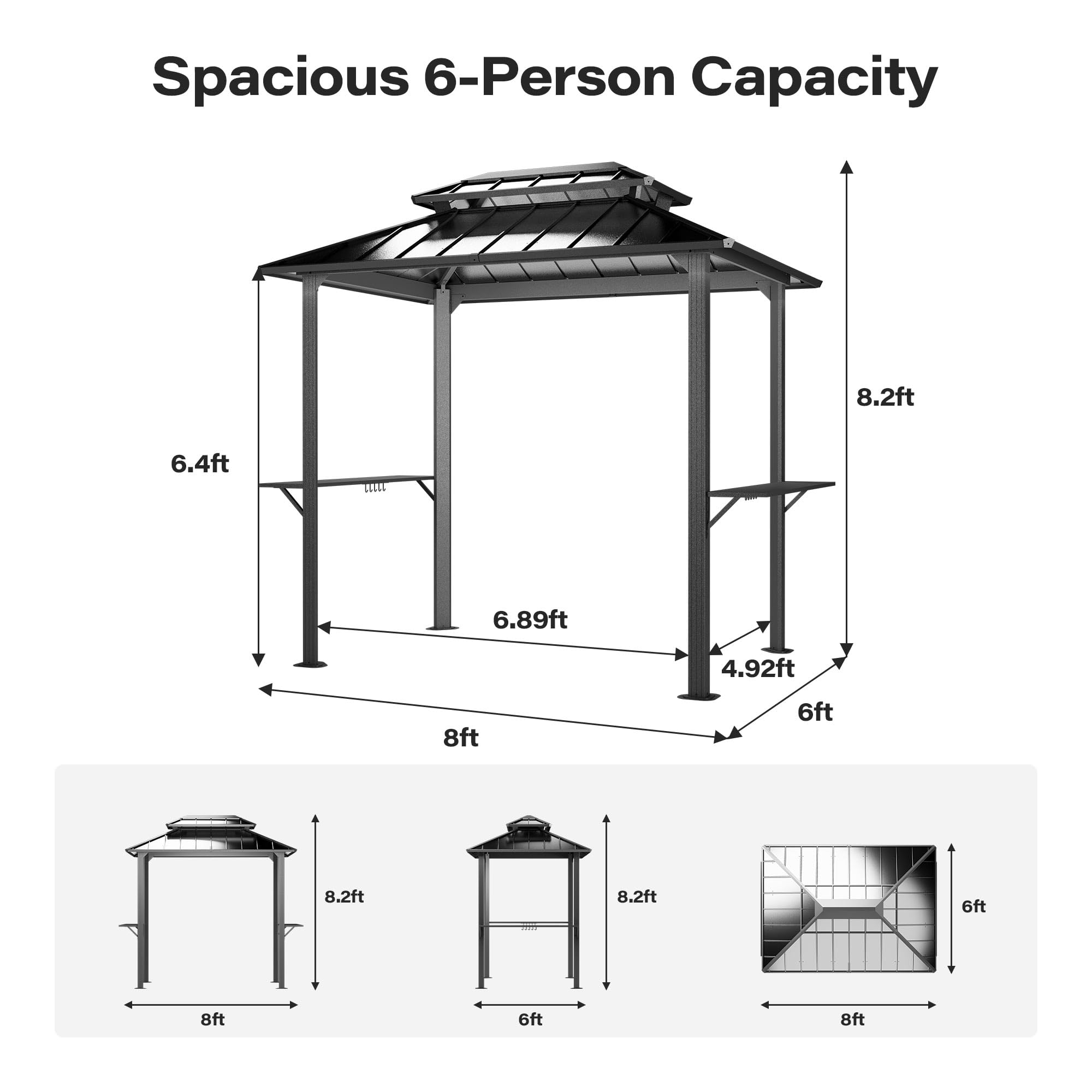 LAUSAINT HOME 8x6 ft Hardtop Double Roof Grill Gazebo, Black