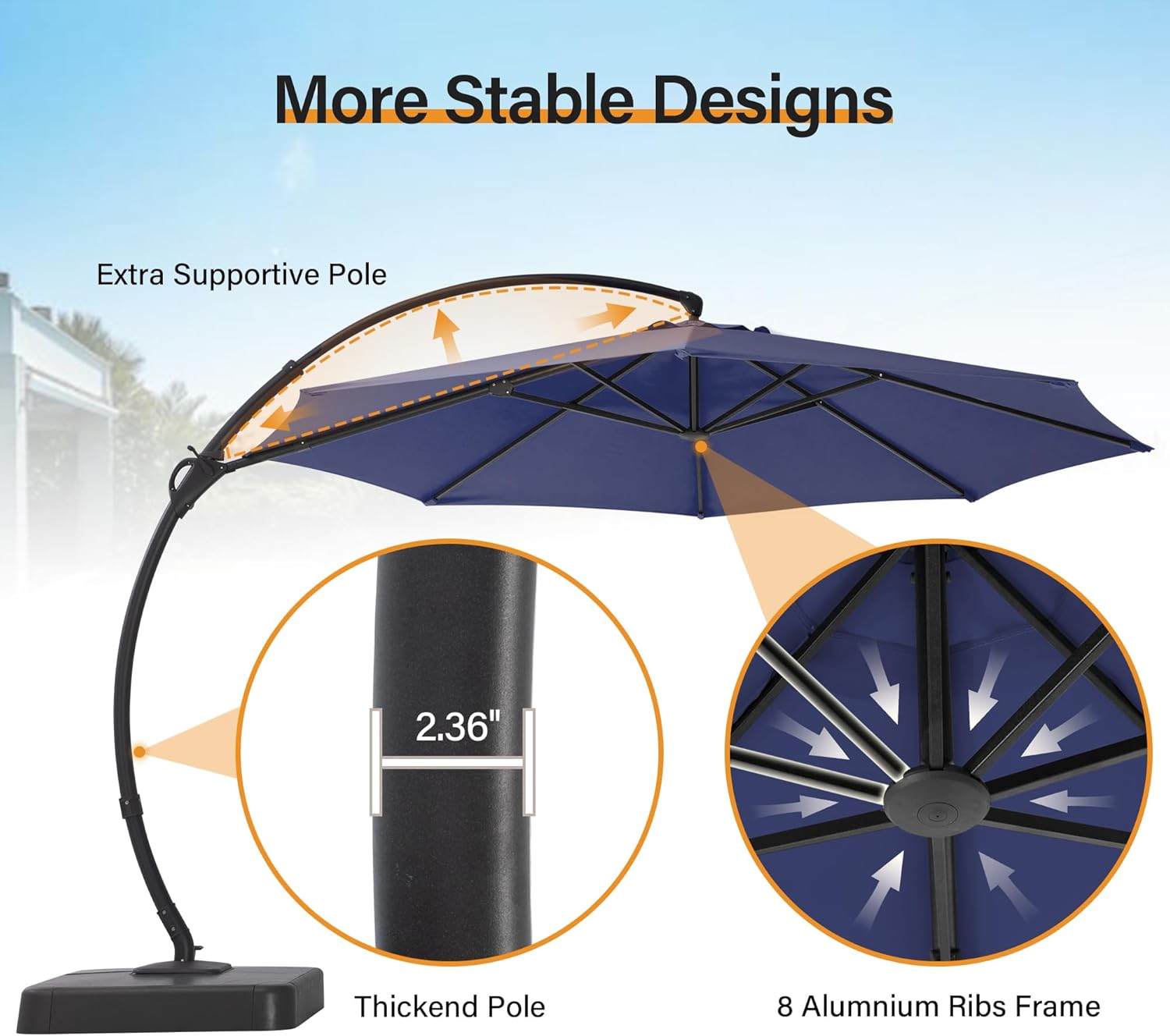 LAUSAINT HOME Outdoor Patio Umbrella with Base Included, Large Sun Shade Cantilever Umbrella Deluxe Curvy