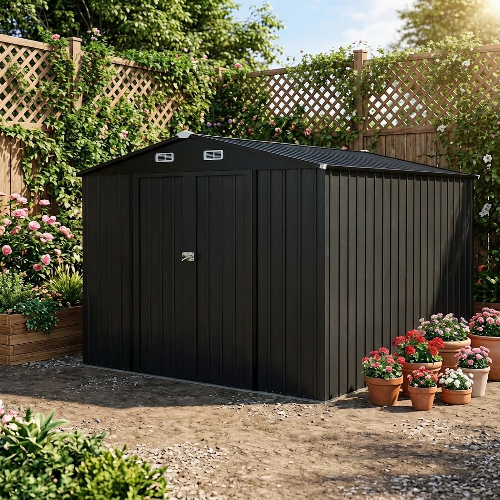 LAUSAINT HOME 8 x 6 FT Outdoor Storage Shed with Window, Galvanized Steel Storage Shed, Double Lockable Doors, Gable Roof &amp; Air Vent for Backyard, Brown