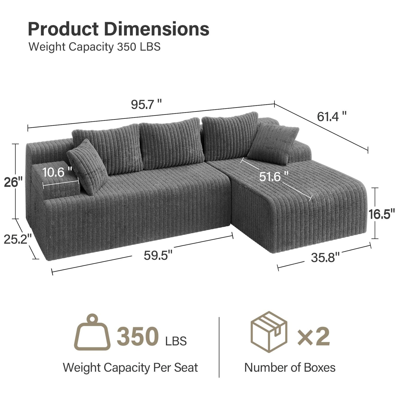 LAUSAINT HOME 96" Modular Sectional Sofa Couches, L-Shaped Boneless Cloud Sofa with 3 Deep Seat