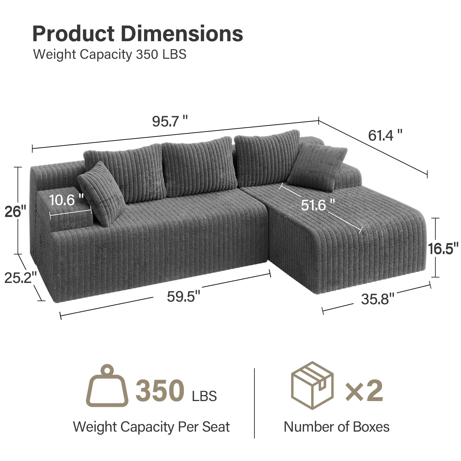 LAUSAINT HOME 96" Modular Sectional Sofa Couches, L-Shaped Boneless Cloud Sofa with 3 Deep Seat