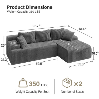 LAUSAINT HOME 96" Modular Sectional Sofa Couches, L-Shaped Boneless Cloud Sofa with 3 Deep Seat