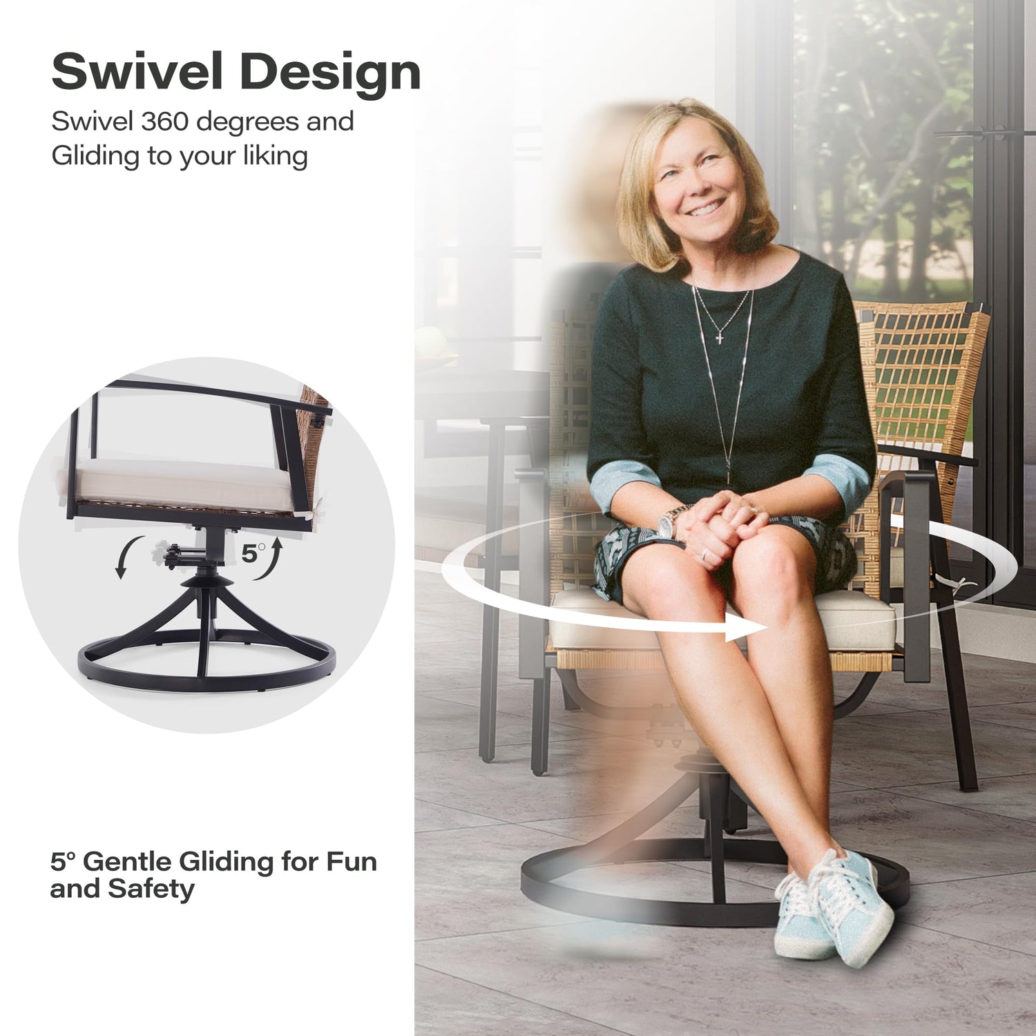 LAUSAINT HOME 7 Pieces Patio Dining Set, Outdoor Furniture Set of 6 Wicker Chairs (2 of Them Swivel) with Soft Cushion and Iron Slats Table Top with Umbrella Hole, Conversation Set for Backyard