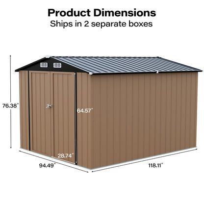 LAUSAINT HOME 8 x 6 FT Outdoor Storage Shed with Window, Galvanized Steel Storage Shed, Double Lockable Doors, Gable Roof &amp; Air Vent for Backyard, Brown