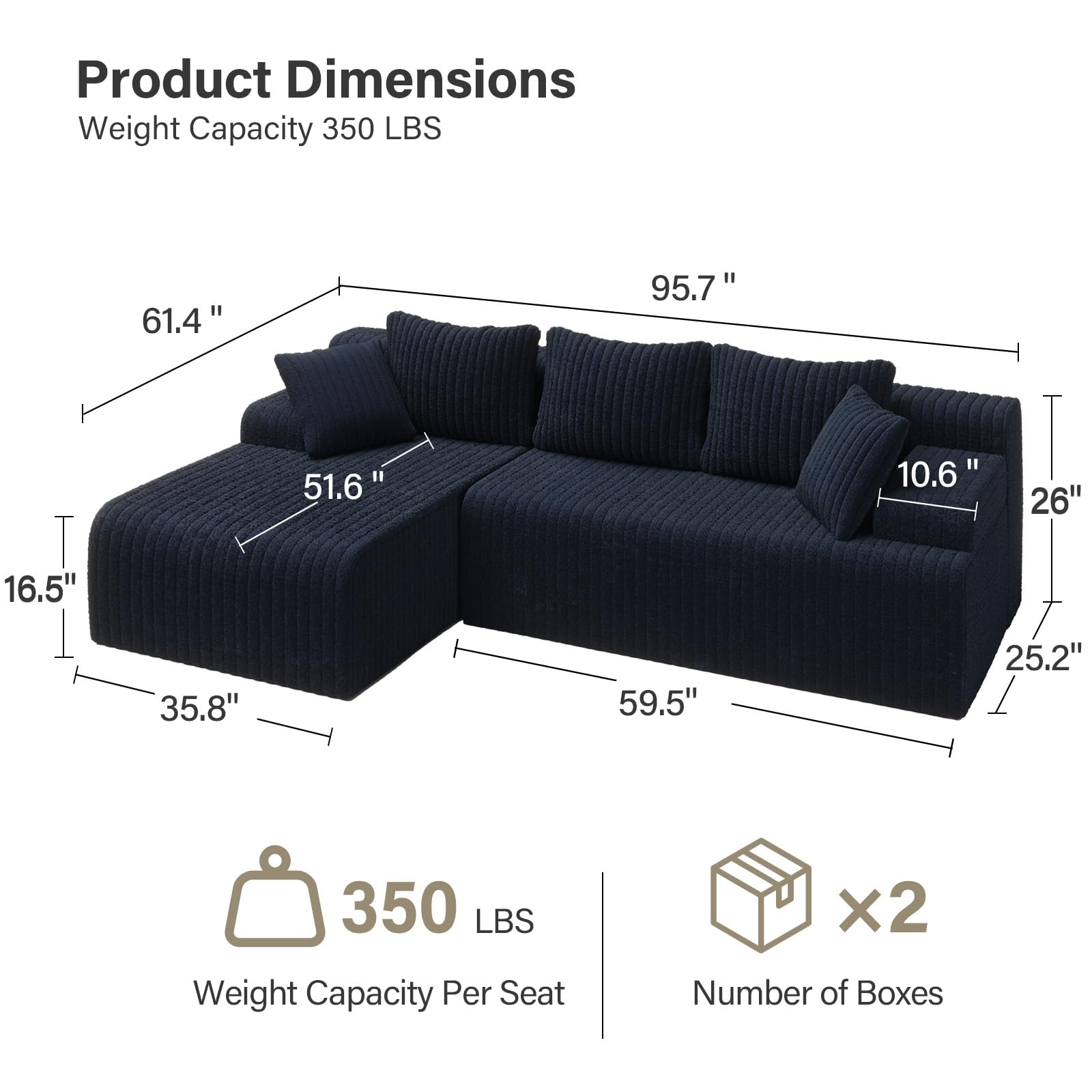 LAUSAINT HOME 96" Modular Sectional Sofa Couches, L-Shaped Boneless Cloud Sofa with 3 Deep Seat