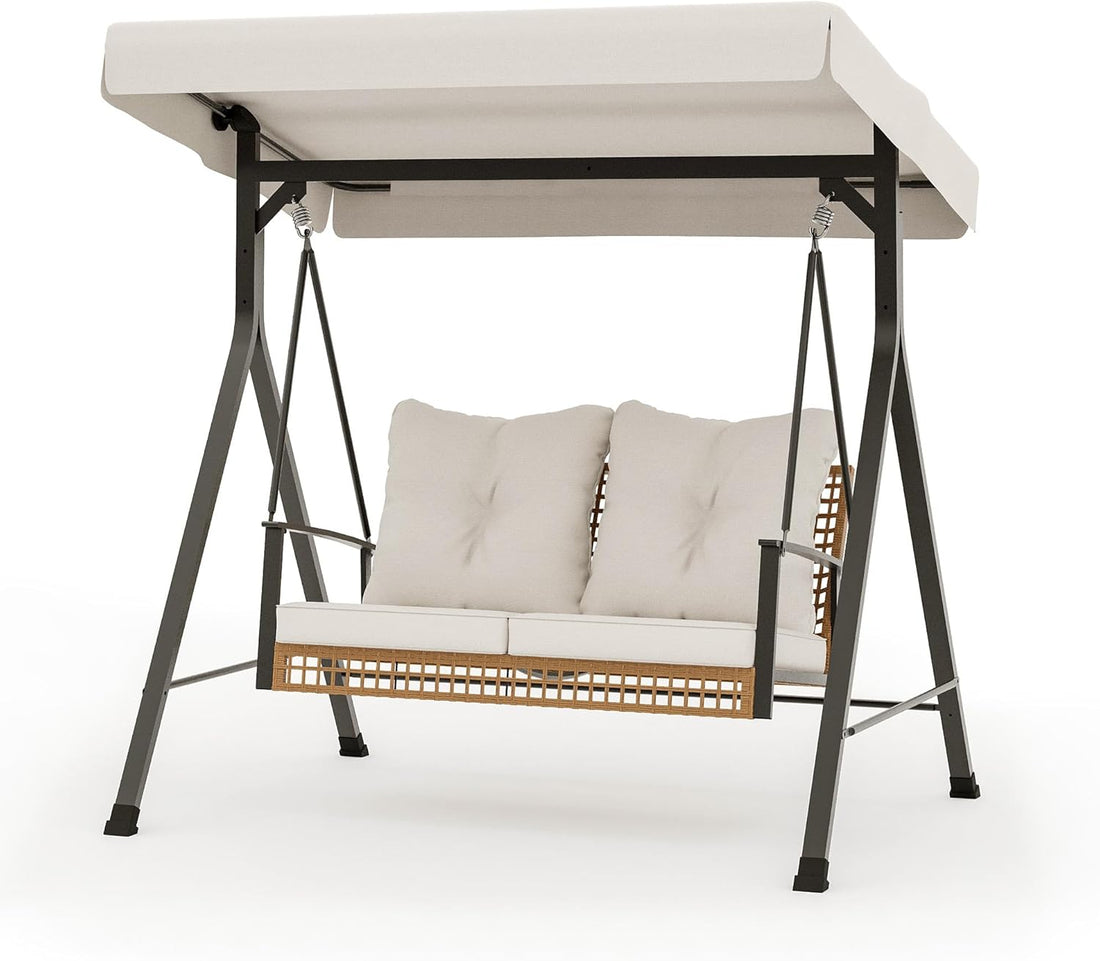 LAUSAINT HOME Porch Swing, 2 Person Wicker Patio Swing Chair with Adjustable Canopy