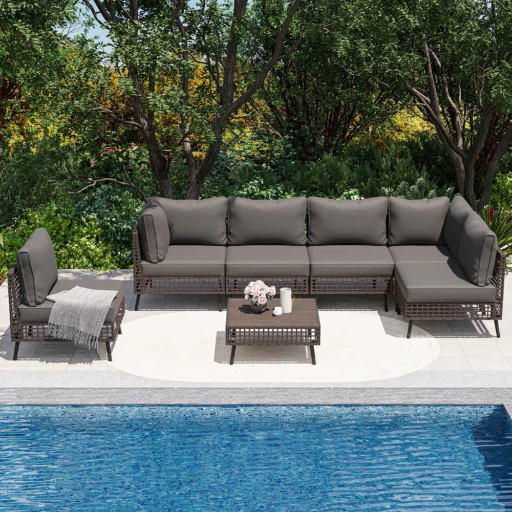 LAUSAINT HOME 7 Pieces Outdoor Sectional Sofa Set All-Weather Patio Conversation Set with Thick Cushions