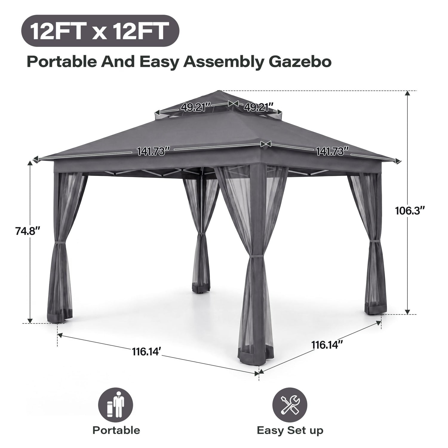 LAUSAINT HOME 11x11 Pop Up Gazebo with Mosquito Netting, Portable Outdoor Gazebo Canopy Tent with Sidewalls, One Push Instant Setup &amp; Adjustable Height for Patio Backyard Party BBQ Deck, Grey