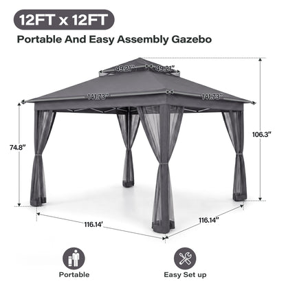 LAUSAINT HOME 11x11 Pop Up Gazebo with Mosquito Netting, Portable Outdoor Gazebo Canopy Tent with Sidewalls, One Push Instant Setup &amp; Adjustable Height for Patio Backyard Party BBQ Deck, Grey