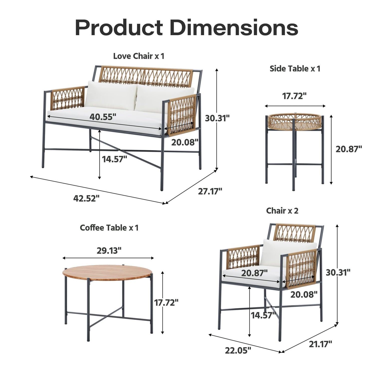 LAUSAINT HOME 5 Piece Patio Furniture Set, Outdoor Wicker Conversation Set with 2 PE Rattan Armchairs