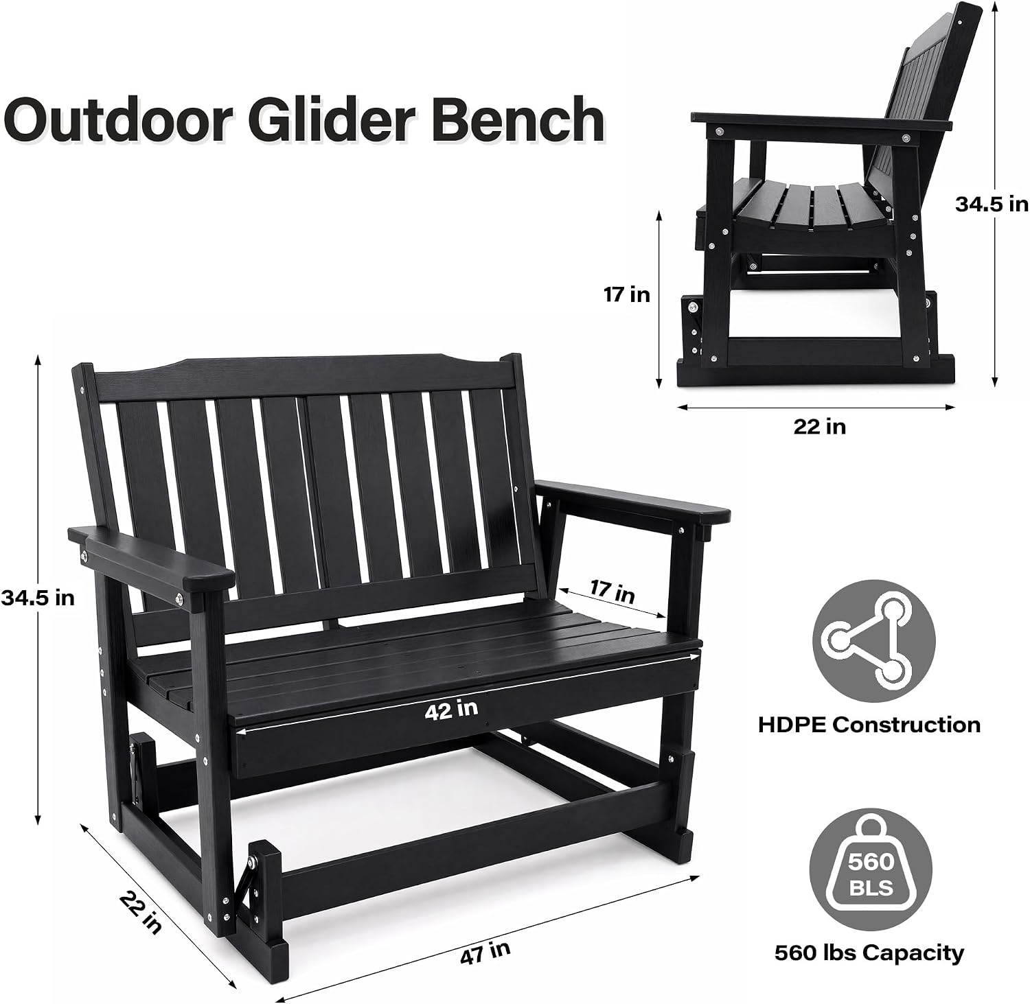 LAUSAINT HOME 2-Person HDPE Outdoor Glider Bench