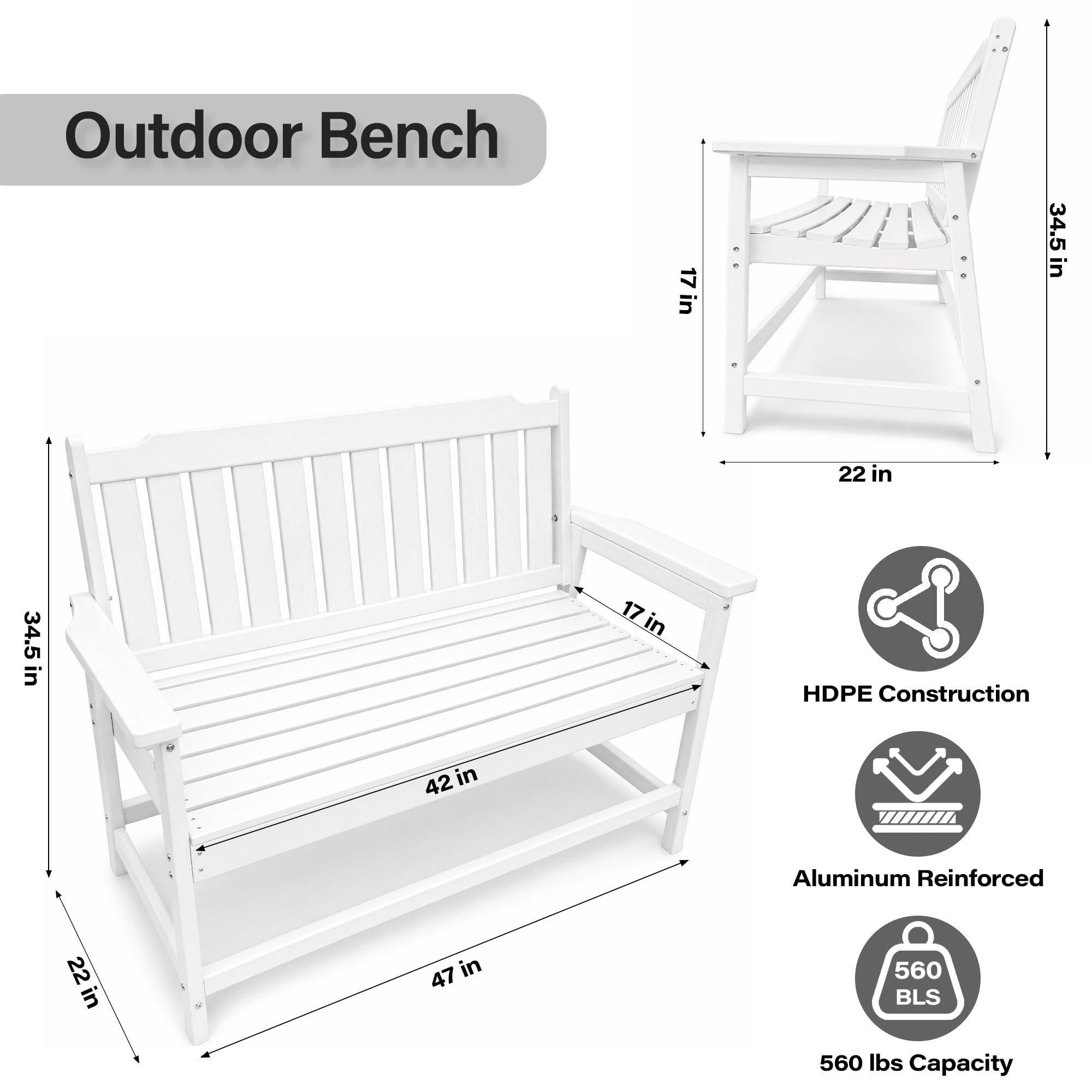 LAUSAINT HOME HDPE Outdoor Bench, Weather-Resistant Patio &amp; Porch Bench with Aluminum-Reinforced Frame
